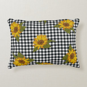 Sonnenblumen, Schwarz-weißer Büffel-Karo, Blumen. Dekokissen