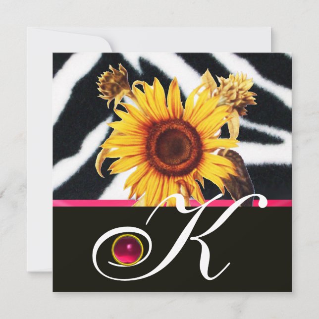 SONNENBLUMEN, SCHWARZ-WEISSES ZEBRA-FUR-MONOGRAMM  EINLADUNG (Vorderseite)