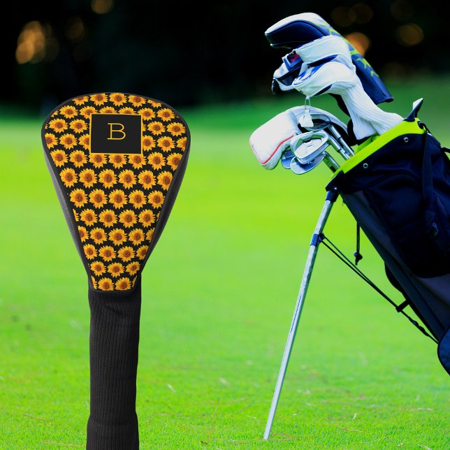 Sonnenblumen schwarze Monogramm Golf Headcover (Von Creator hochgeladen)