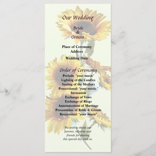 Sonnenblumen sehen Hochzeitsprogramm Programm (Vorderseite)