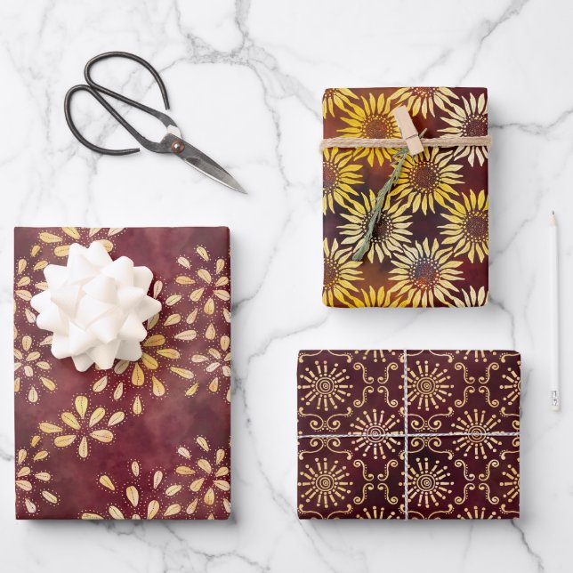 Sonnenblumen Shiny Batik Wrapping Paper Sheets Geschenkpapier Set (Vorderseite)