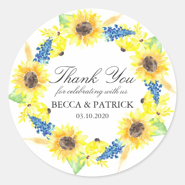 Sonnenblumen Sonniger Sommer Hochzeitsticker Runder Aufkleber (Vorderseite)