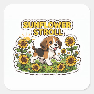 Sonnenblumen-Spaziergang-Aufkleber — Beagle-Welpe Quadratischer Aufkleber