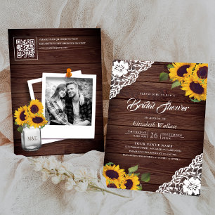Sonnenblumen-Spitzen-Holz-Foto-QR-Code-Junggeselli Einladung