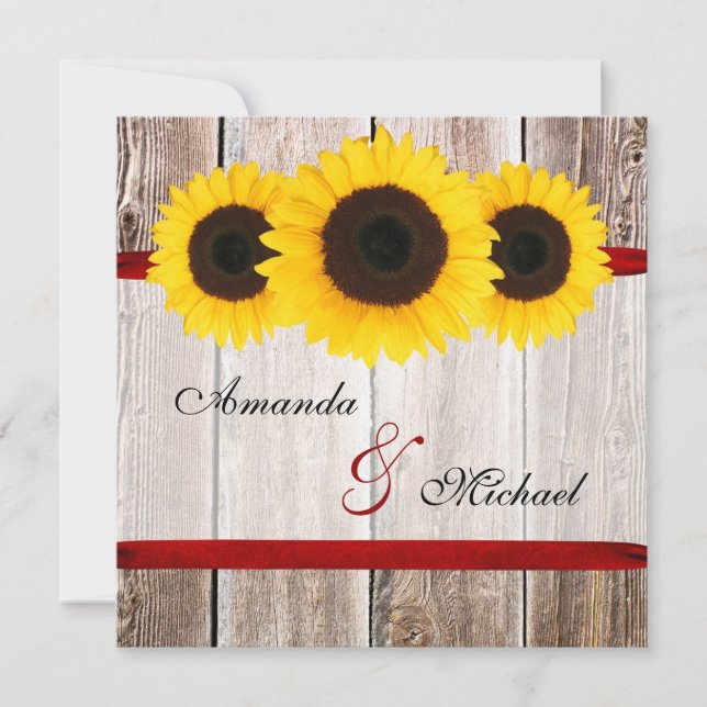 Sonnenblumen-Stall Rot Ribbon Hochzeitsempfang Einladung (Vorderseite)