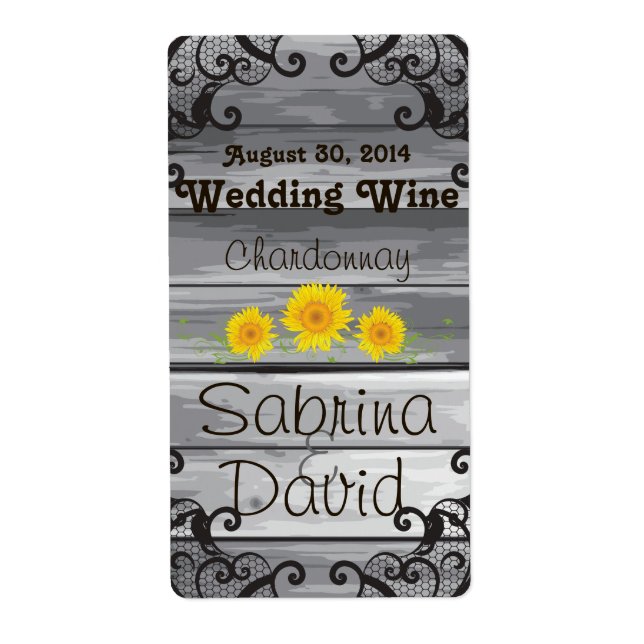 Sonnenblumen Stallholz-Sammlung Hochzeitsweinlabel (Vorne)