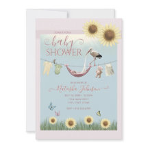 Sonnenblumen-Storch-Baby-Mädchen-Party-Einladung