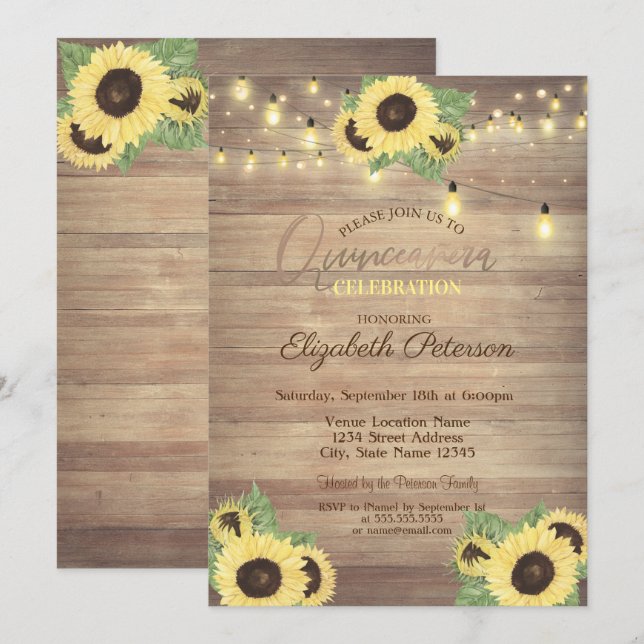 Sonnenblumen, Streichlichtblumen, Holztextur Quinc Einladung (Vorne/Hinten)
