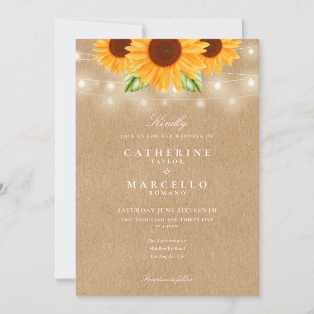 Sonnenblumen String Lights Rustic Kraft Hochzeit Einladung (Vorderseite)