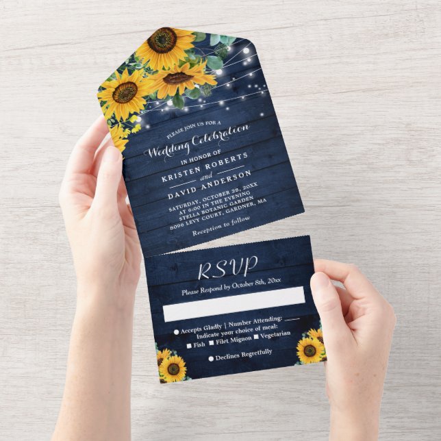 Sonnenblumen String Lights Rustic Navy Blue Weddin All In One Einladung (Abreißen)