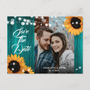 Sonnenblumen Teal Holz Hochzeitsfoto Save The Date Ankündigungspostkarte