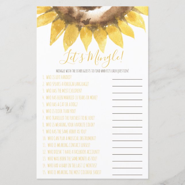 Sonnenblumen Themed Let's Mingle Shower Game (Vorderseite)