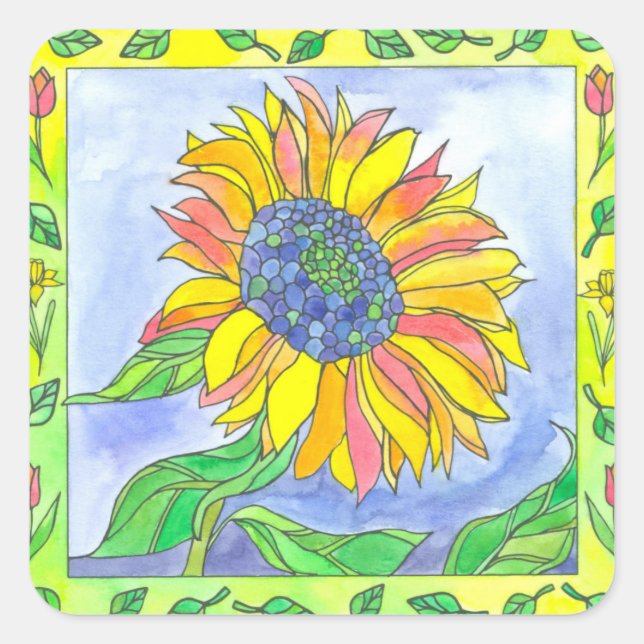 Sonnenblumen Tulips Aquarellfarben Blume Illustrat Quadratischer Aufkleber (Vorderseite)