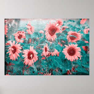 Sonnenblumen Türkis Rosa Floral Vintage Grunge Tex Poster