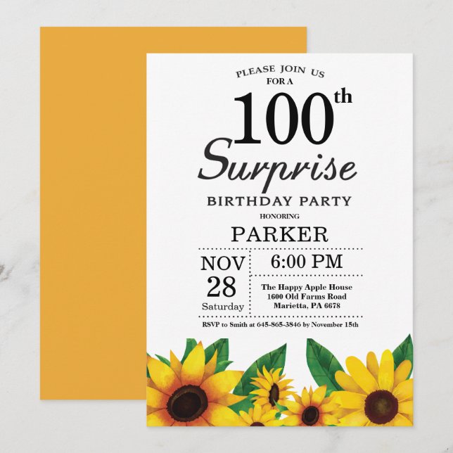 Sonnenblumen Überraschung 100. Geburtstag Einladun Einladung (Vorne/Hinten)