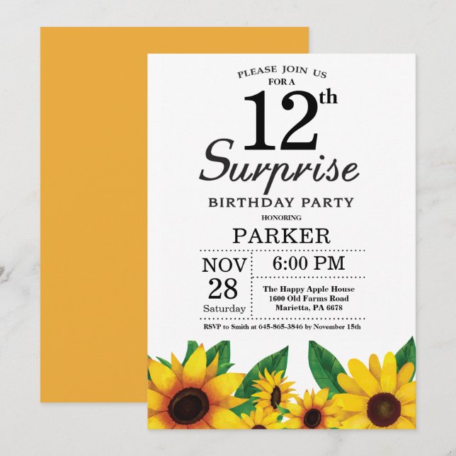 Sonnenblumen Überraschung 12. Geburtstag Einladung (Vorne/Hinten)