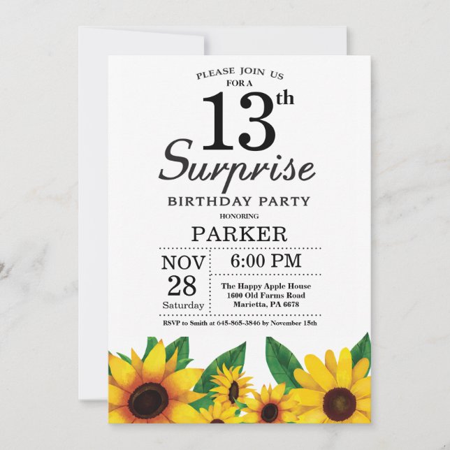 Sonnenblumen Überraschung 13. Geburtstag Einladung (Vorderseite)