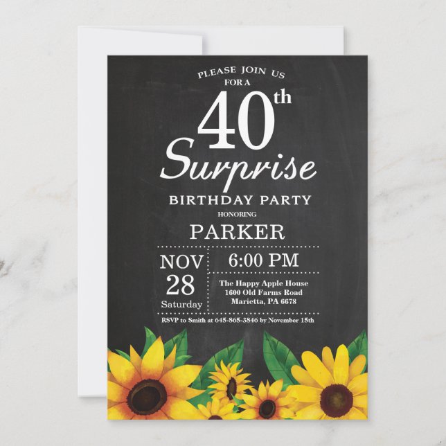 Sonnenblumen Überraschung 40. Geburtstag Einladung (Vorderseite)