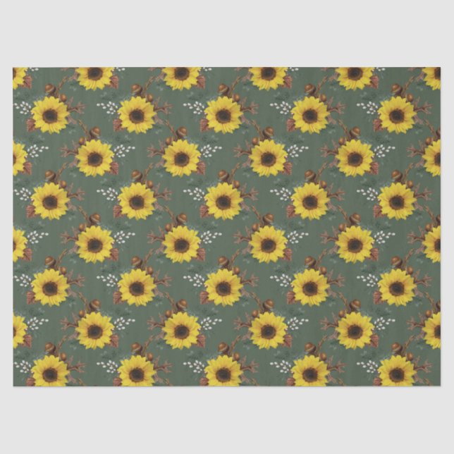Sonnenblumen und Acorns auf der grünen Decoupage Seidenpapier (Vorderseite)