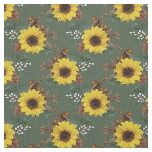 Sonnenblumen und Acorns auf Grün Stoff (Muster)