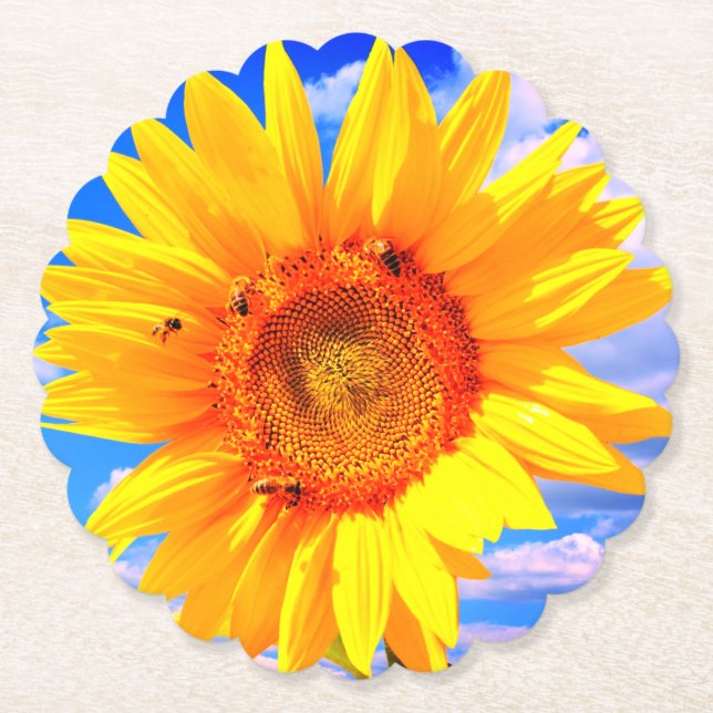 Sonnenblumen und Bienen auf dem Blue Sky Paper Unt Untersetzer (Vorderseite)