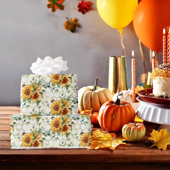 Sonnenblumen und Bienen, die Papier umhüllen Geschenkpapier (Von Creator hochgeladen)