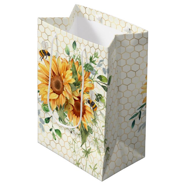 Sonnenblumen und Bienen Mittlere Geschenktüte (Vorderseite Schrägansicht)