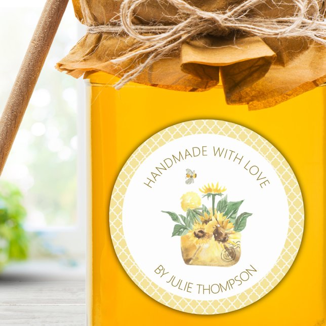 Sonnenblumen und Bienen 🍯 Runder Aufkleber (Sunflowers & Bees 🍯 Yellow Honeycomb Custom Honey Classic Round Sticker)