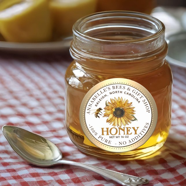 Sonnenblumen und Bienenhonig-Gütesiegel Gold Borde Runder Aufkleber (Von Creator hochgeladen)