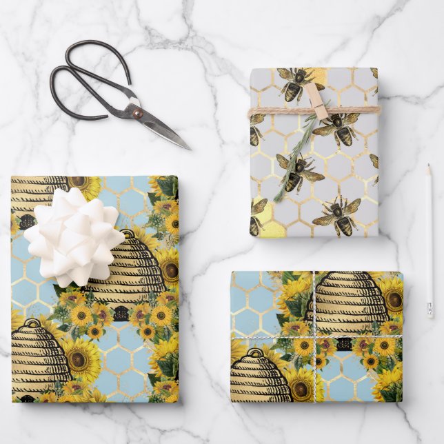 Sonnenblumen und Bienenreihen - Design fünf Geschenkpapier Set (Vorderseite)