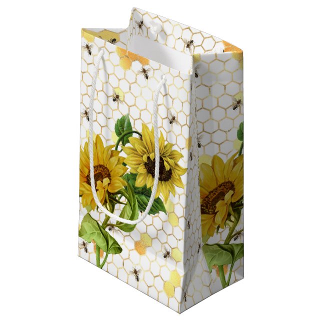 Sonnenblumen und Bienenreihen Design Sechs kleine  Kleine Geschenktüte (Vorderseite Schrägansicht)