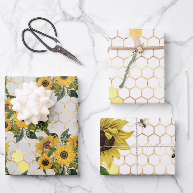 Sonnenblumen und Bienenreihen - Design zwei Geschenkpapier Set (Vorderseite)