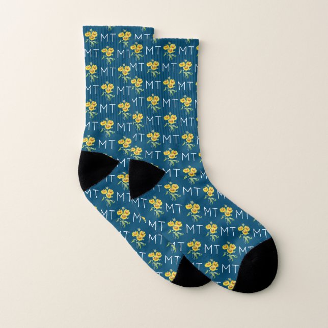 Sonnenblumen und Blätter Monogramm blaues Muster Socken (Paar)