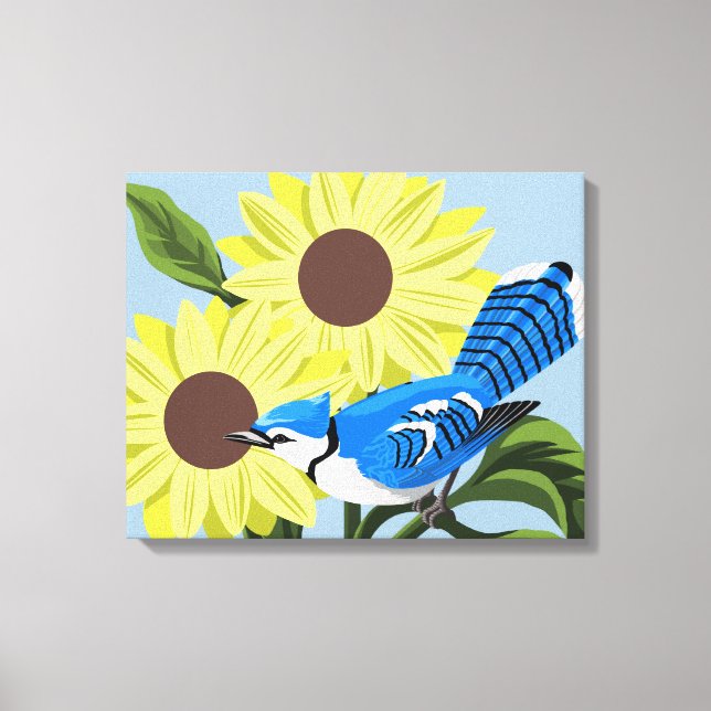 Sonnenblumen und blaue Jay Leinwanddruck (Vorderseite)