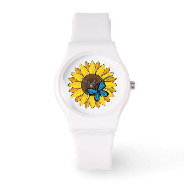 Sonnenblumen und Blauer Schmetterling Armbanduhr (Vorderseite)