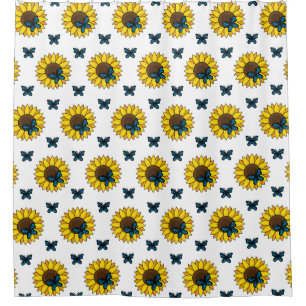 Sonnenblumen und Blauer Schmetterling Duschvorhang