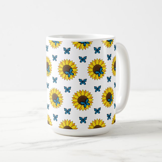 Sonnenblumen und Blauer Schmetterling Kaffeetasse (VorderseiteRechts)