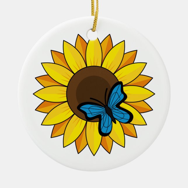 Sonnenblumen und Blauer Schmetterling Keramik Ornament (Vorne)