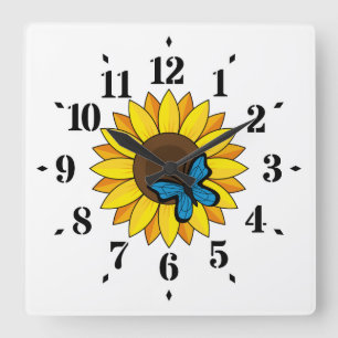 Sonnenblumen und Blauer Schmetterling Quadratische Wanduhr