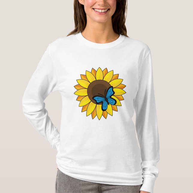 Sonnenblumen und Blauer Schmetterling T-Shirt (Vorderseite)