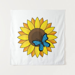 Sonnenblumen und Blauer Schmetterling Wandteppich