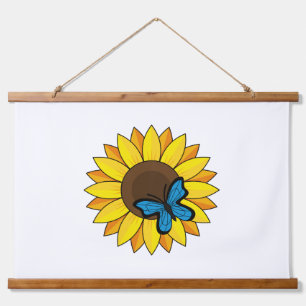 Sonnenblumen und Blauer Schmetterling Wandteppich Mit Holzrahmen
