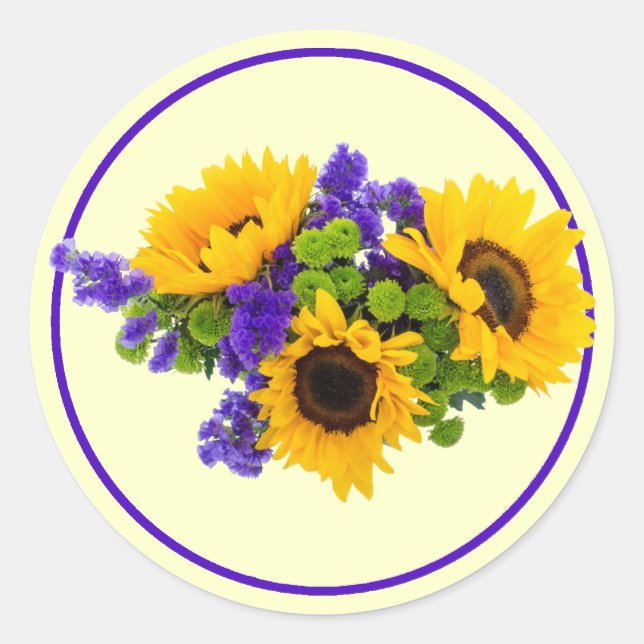 Sonnenblumen und Blue Statice-Aufkleber Runder Aufkleber (Vorderseite)