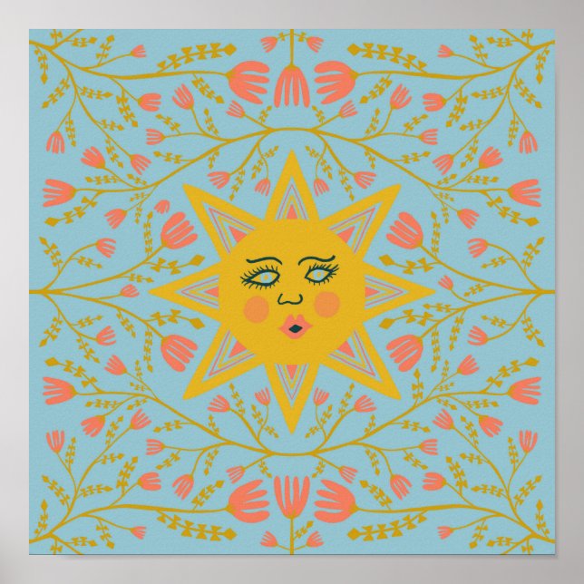 Sonnenblumen und blühende Weinberge Muster blau Poster (Vorne)