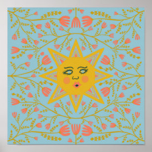 Sonnenblumen und blühendes Weinmuster Blau Poster
