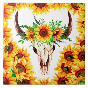 Sonnenblumen und Bullenschädel Fliese