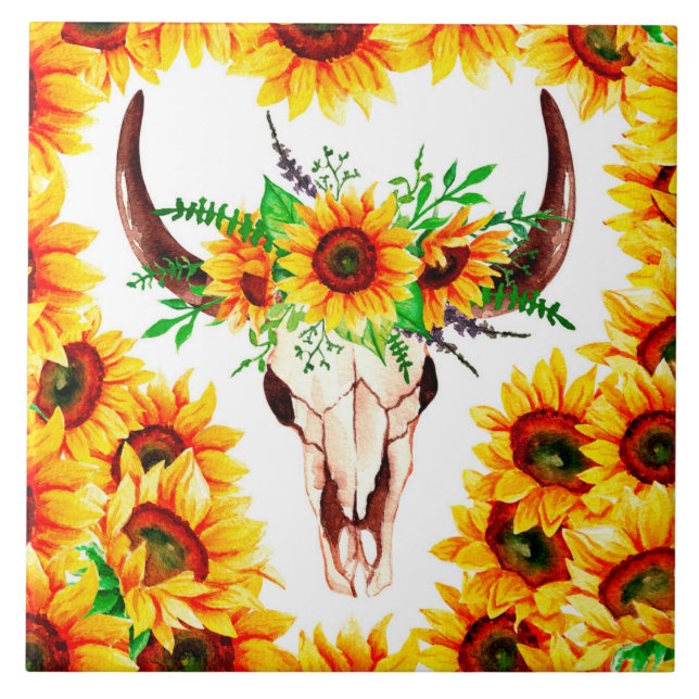 Sonnenblumen und Bullenschädel Fliese (Vorderseite)