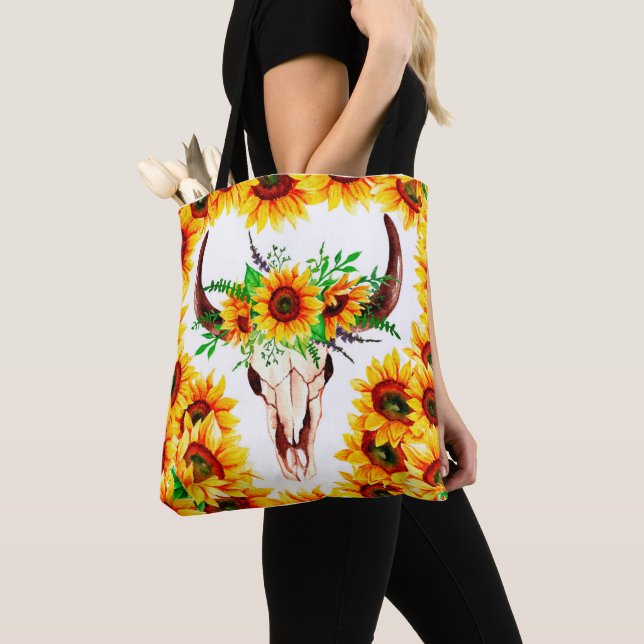 Sonnenblumen und Bullenschädel Tasche (Von Nahem)