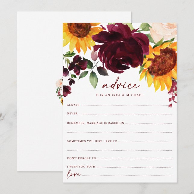 Sonnenblumen und Burgunder Rose Hochzeit im Herbst Hinweiskarte (Vorne/Hinten)