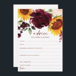 Sonnenblumen und Burgunder Rose Hochzeit im Herbst Hinweiskarte<br><div class="desc">Ratschläge Karten für Ihre Hochzeit im Herbst oder Ihr Brautparty - mit Sonnenblumen & Burgund Rote Rosen. Diese Ratschläge sind eine lustige Möglichkeit für Ihre Gäste, ihre Hochzeitsratschläge für die Braut oder das neue Ehepaar zu teilen. Auf der Rückseite befindet sich ein Sonnenblumenkranz mit den Initialen des Paares und dem...</div>